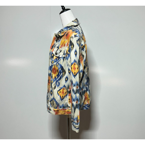 Chicos Aztec Tribal Linen Blend Jacket Womens Large 2 Blue Orange Button Up - Picture 5 of 10